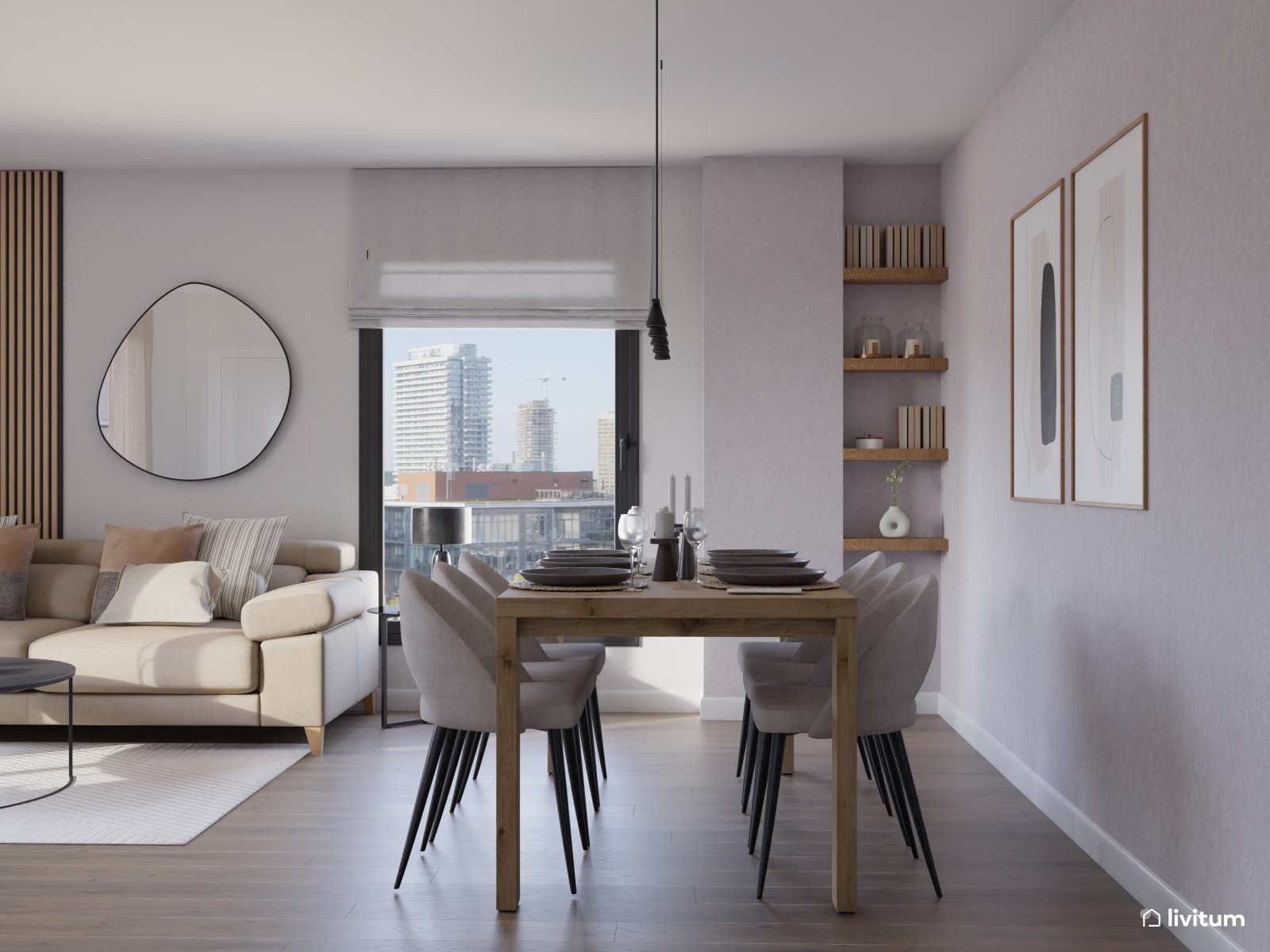 Salón comedor elegante y moderno con detalles en negro 