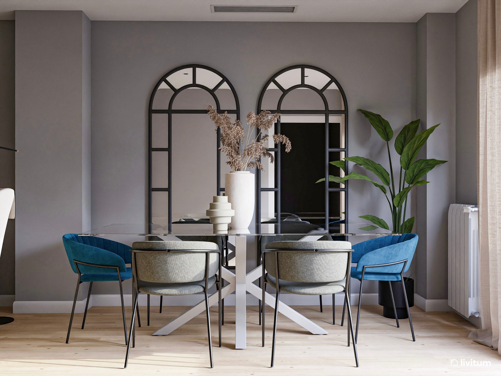 Salón comedor elegante y moderno en tonos azules 