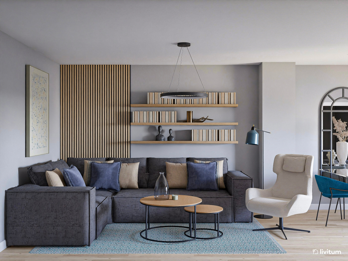 Salón comedor elegante y moderno en tonos azules