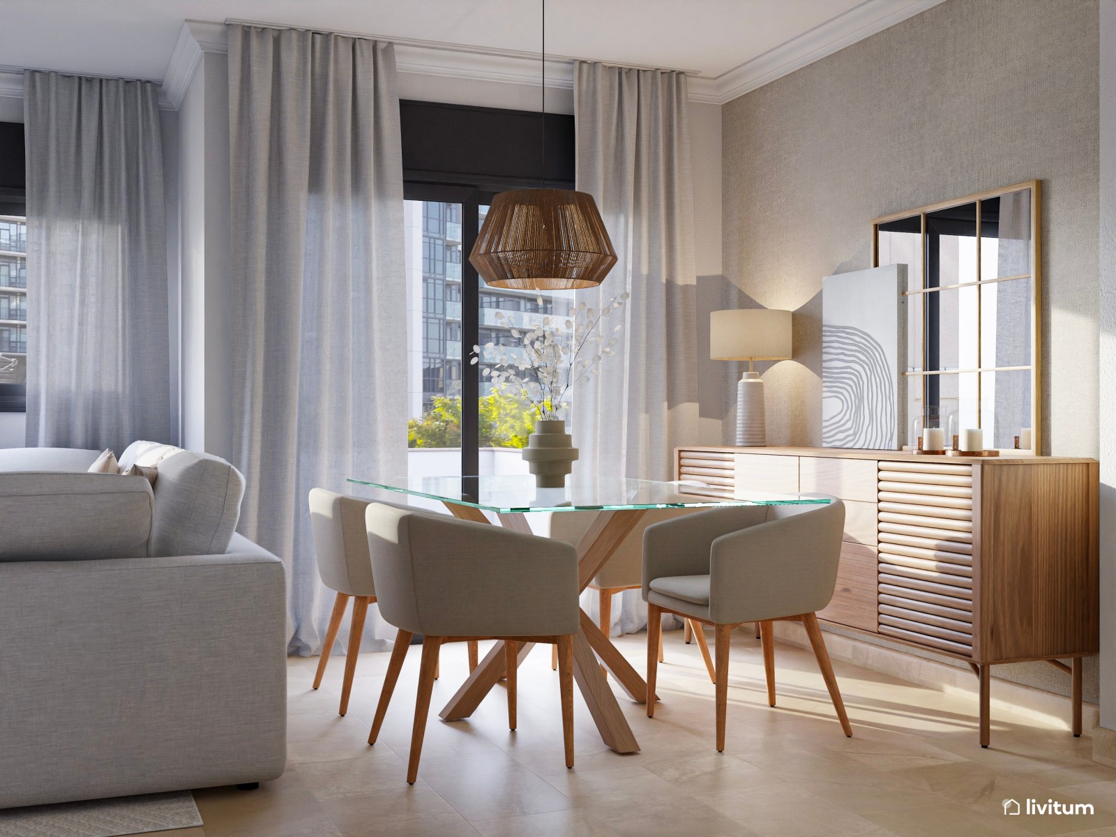  Salón comedor elegante y nórdico de 22 m² 