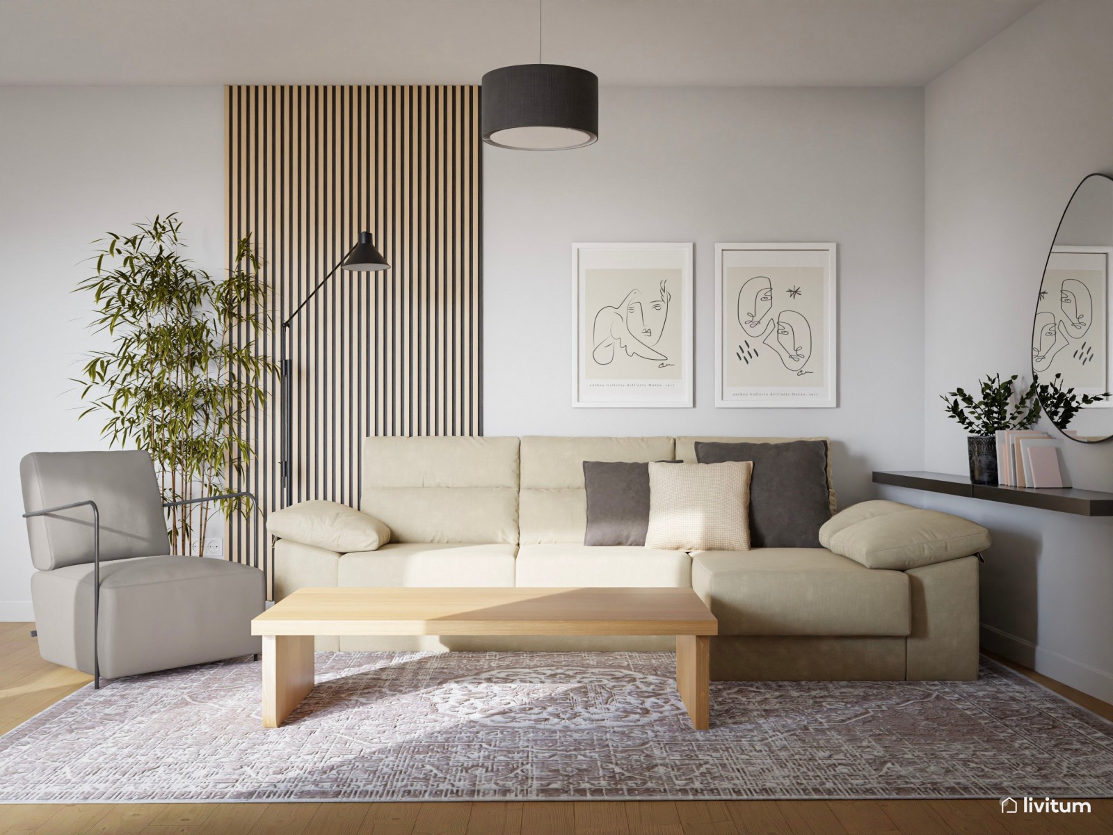 Salón comedor en beige, gris y negro 