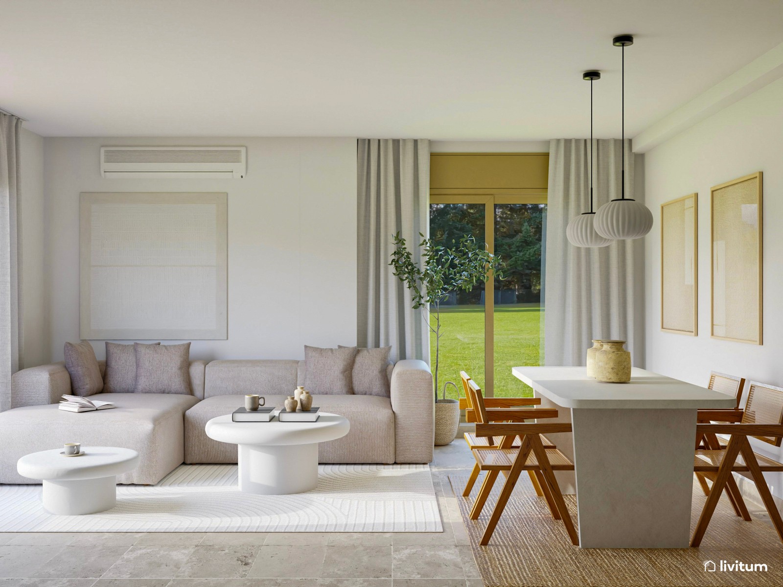 Salón comedor en blanco, madera y minimalista 