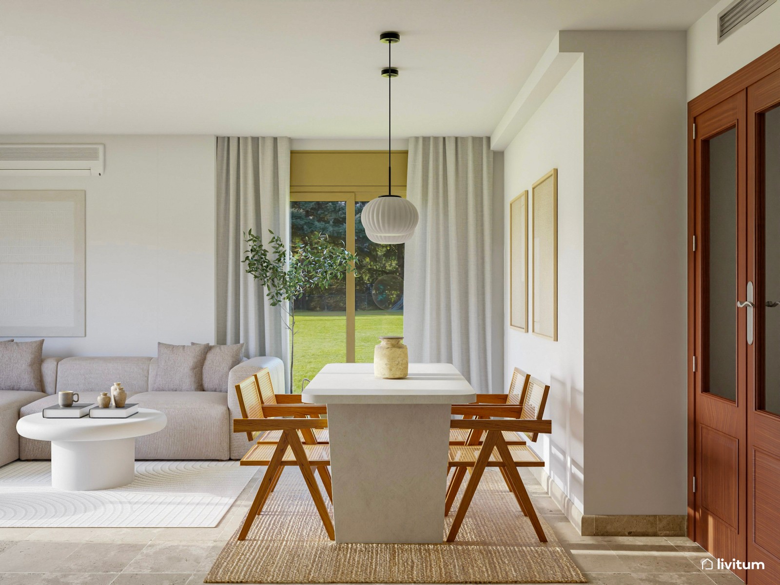 Salón comedor en blanco, madera y minimalista 