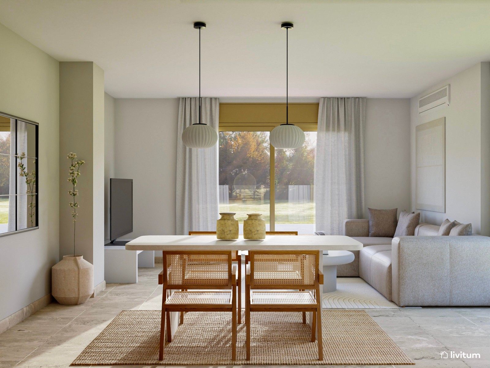 Salón comedor en blanco, madera y minimalista 