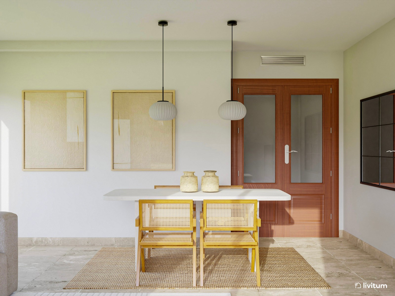 Salón comedor en blanco, madera y minimalista 