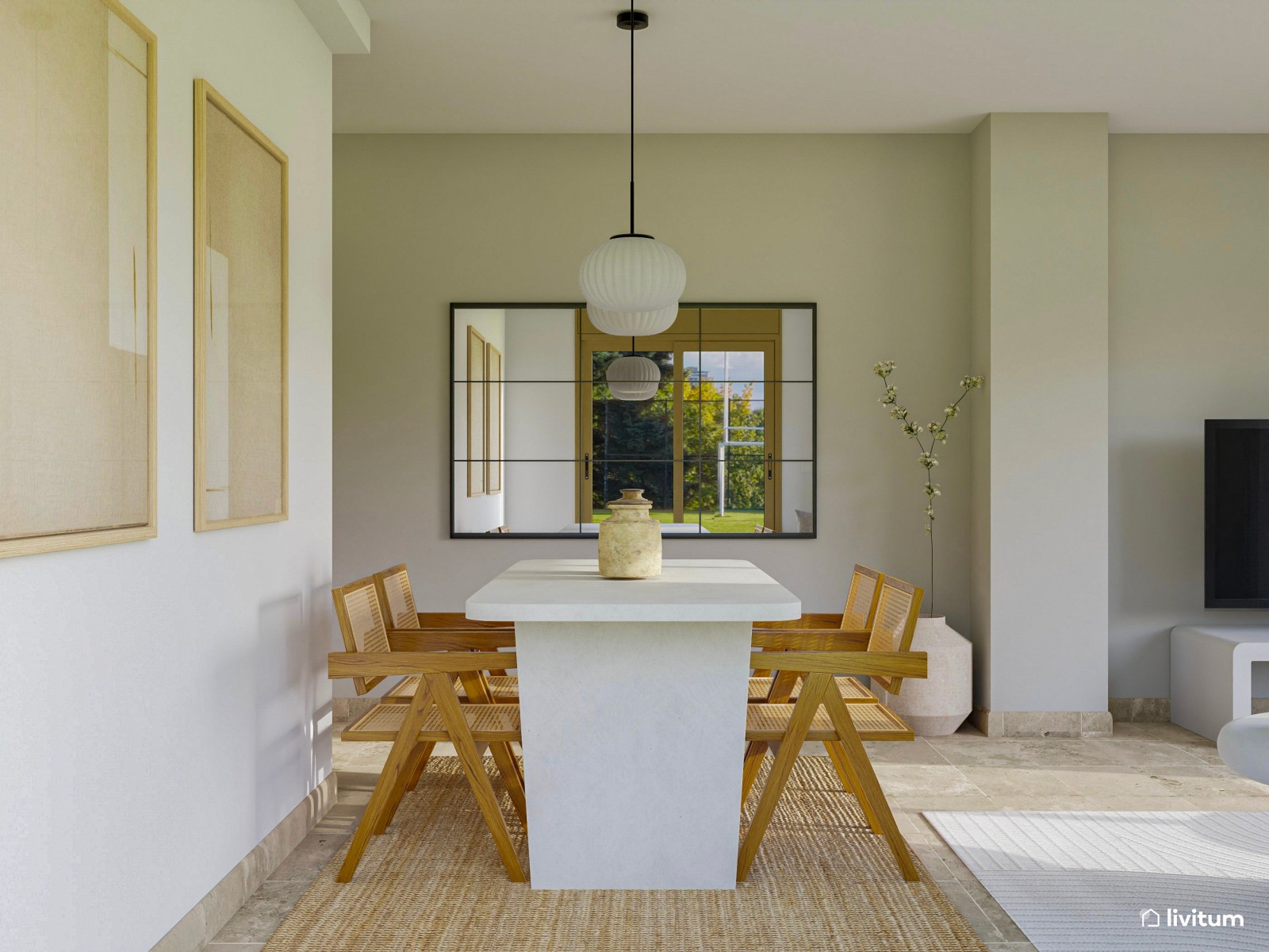 Salón comedor en blanco, madera y minimalista 