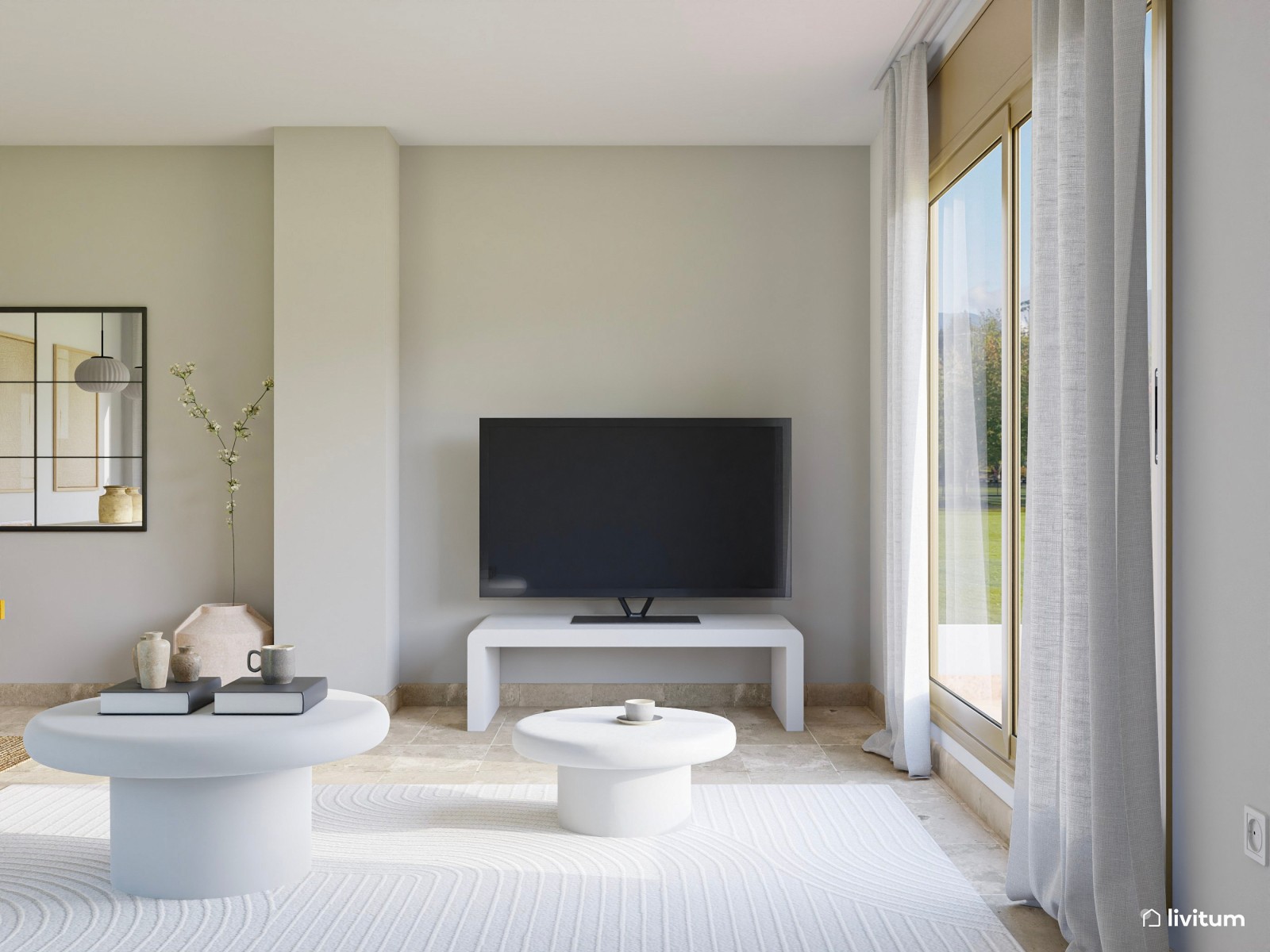 Salón comedor en blanco, madera y minimalista 