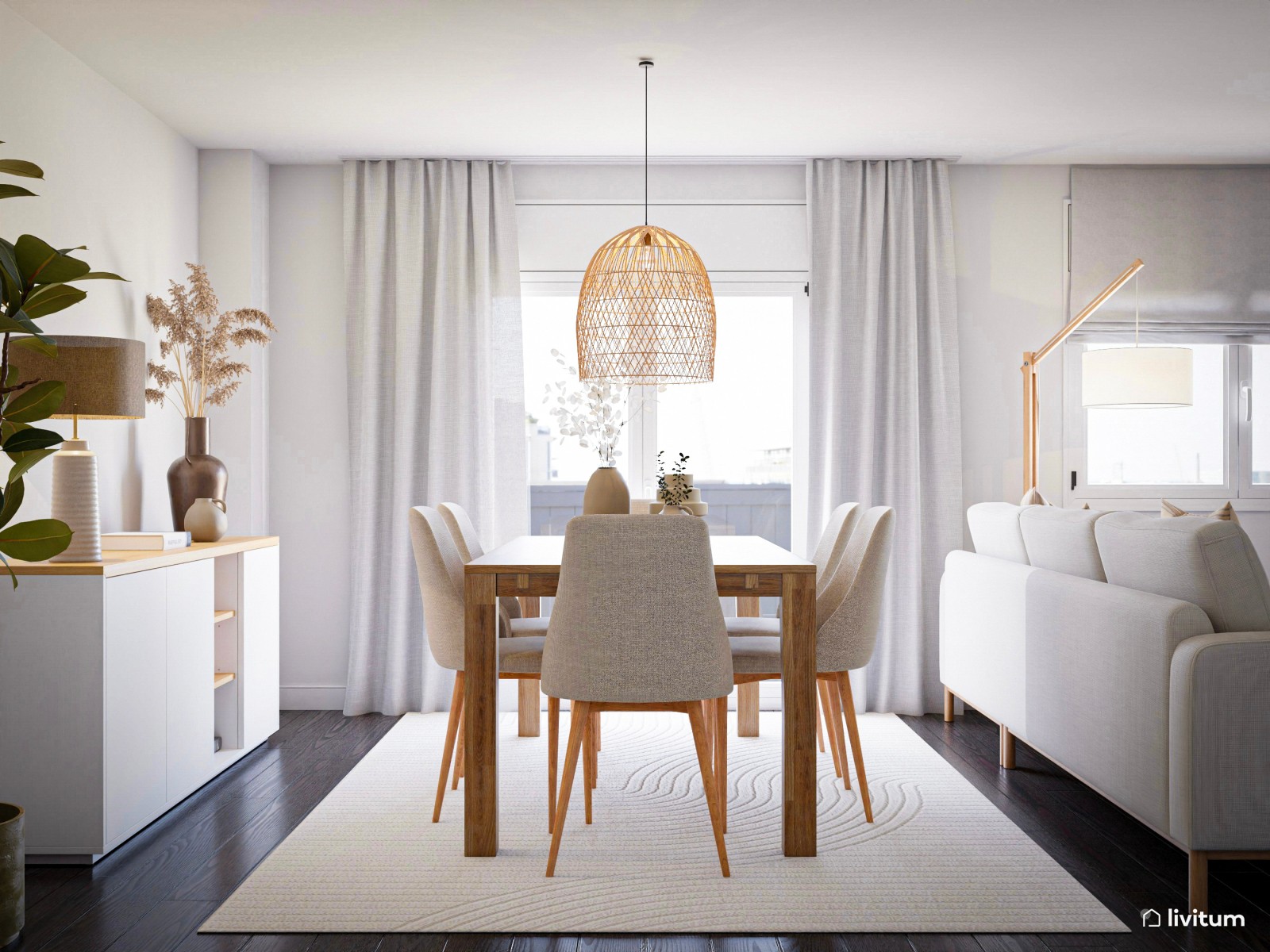 Salón comedor en blanco y madera con mucho encanto 