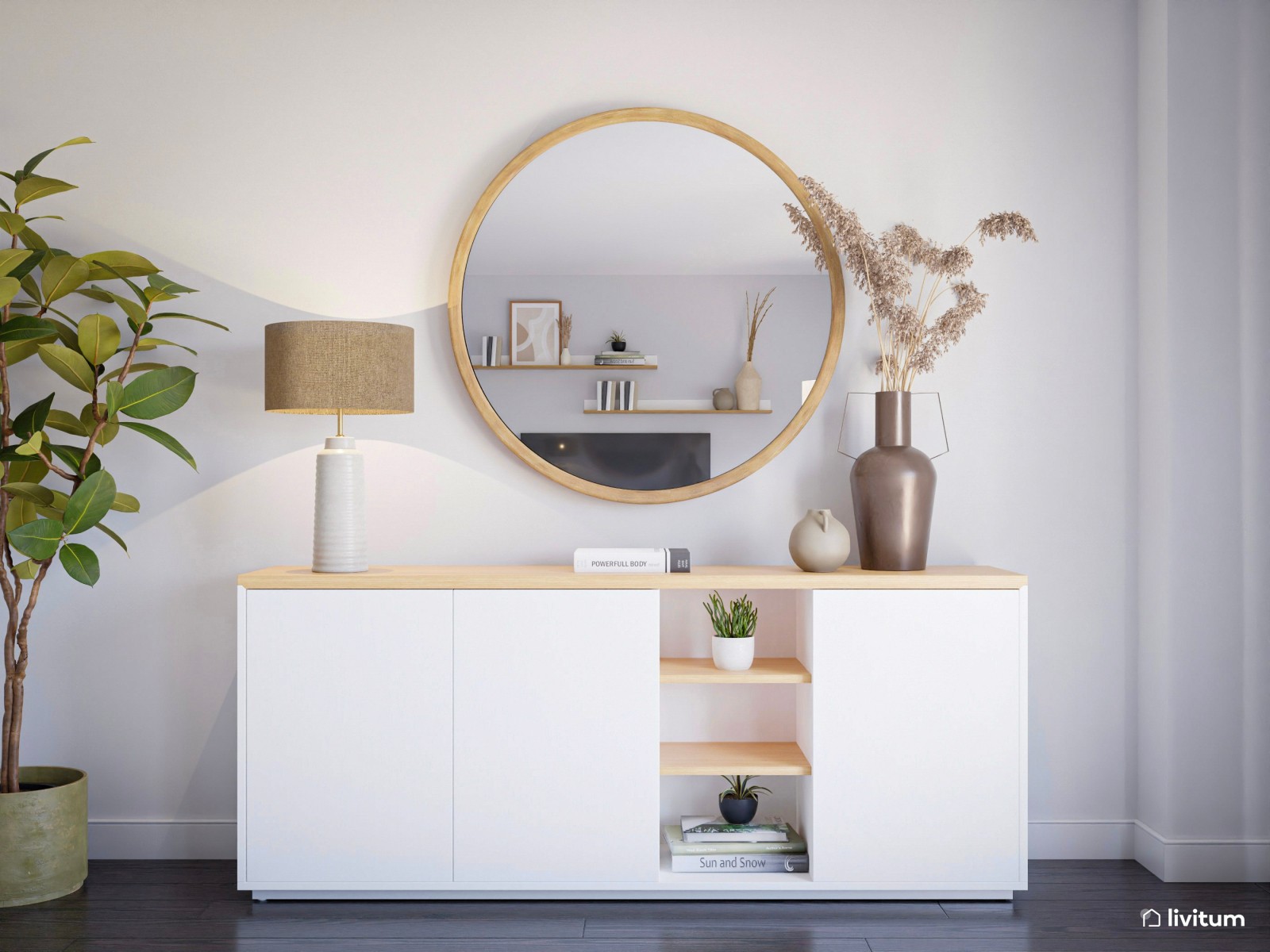 Salón comedor en blanco y madera con mucho encanto 