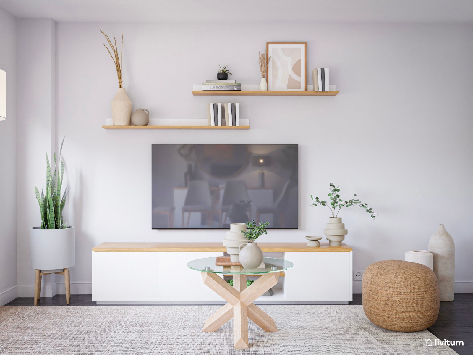 Salón comedor en blanco y madera con mucho encanto 