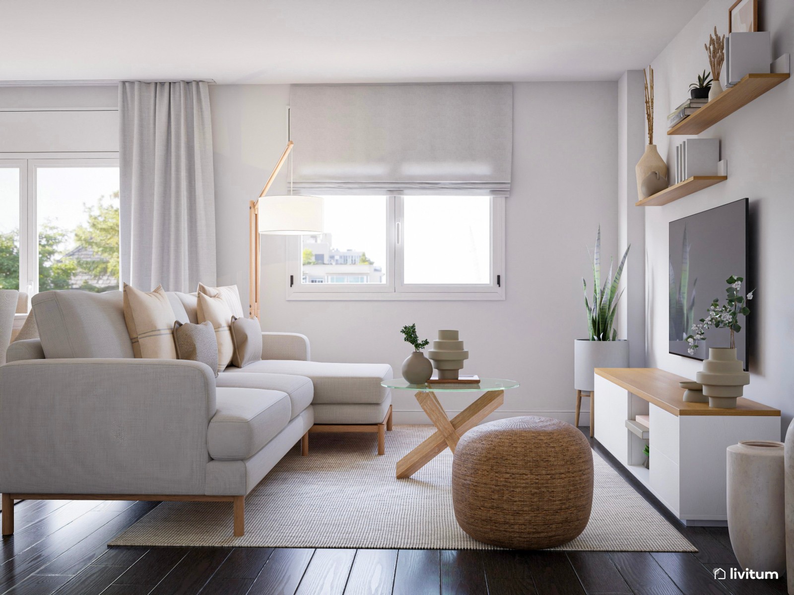 Salón comedor en blanco y madera con mucho encanto 