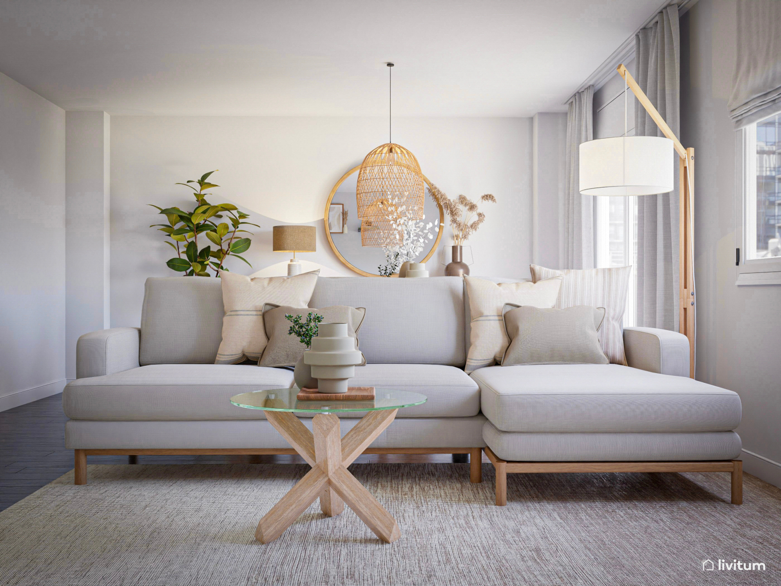 Salón comedor en blanco y madera con mucho encanto 