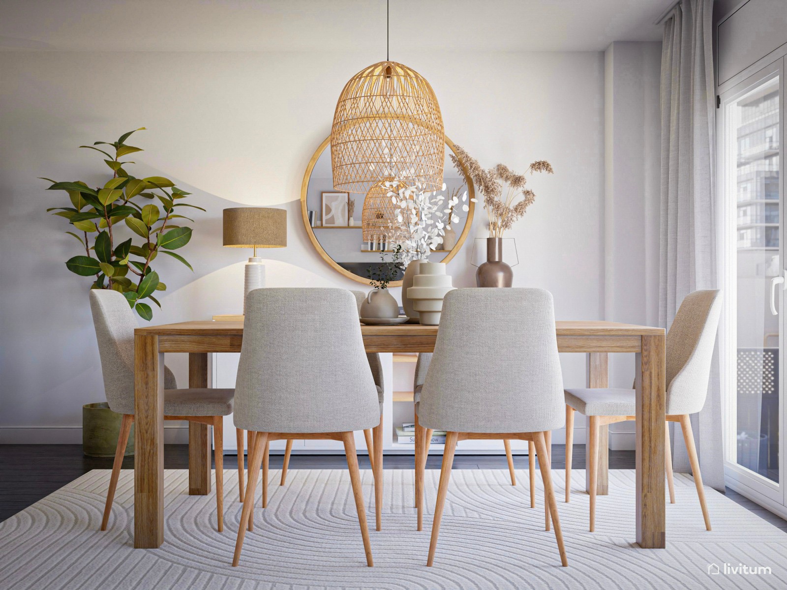 Salón comedor en blanco y madera con mucho encanto 