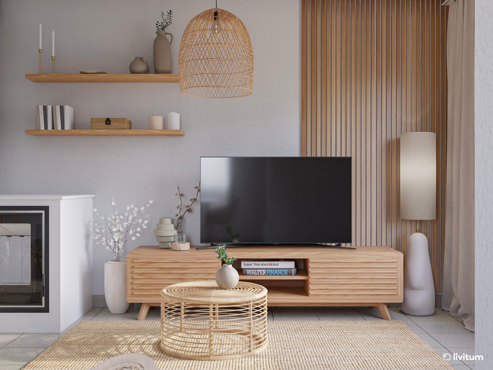 Salón comedor en blanco y madera muy bien aprovechado