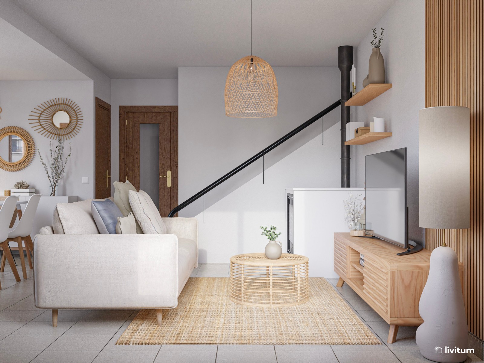 Salón comedor en blanco y madera muy bien aprovechado