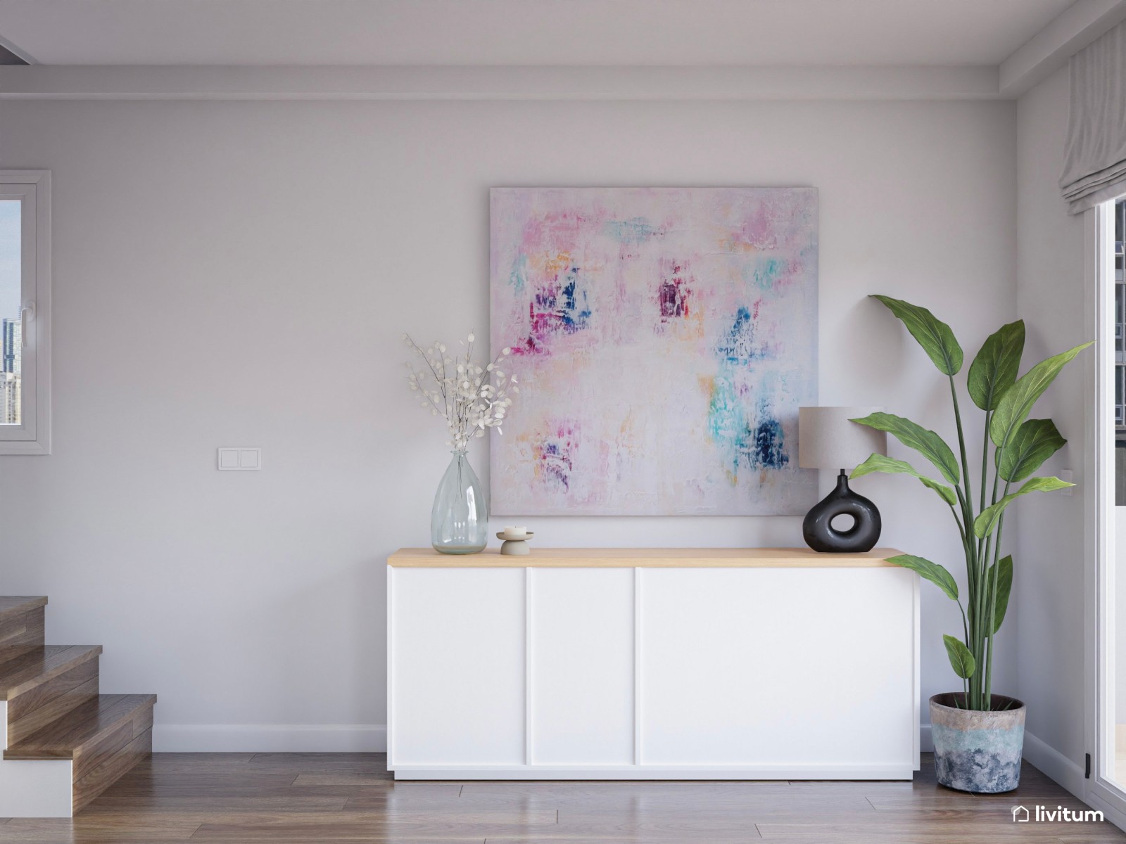 Salón comedor en colores neutros con toques naturales