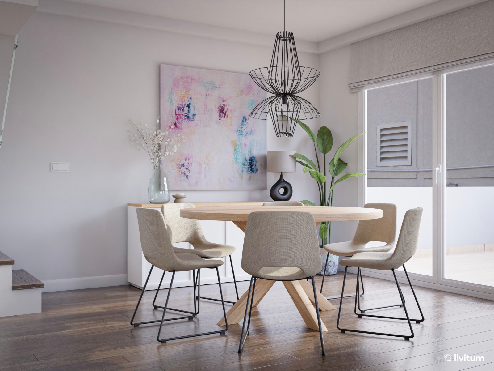 Salón comedor en colores neutros con toques naturales