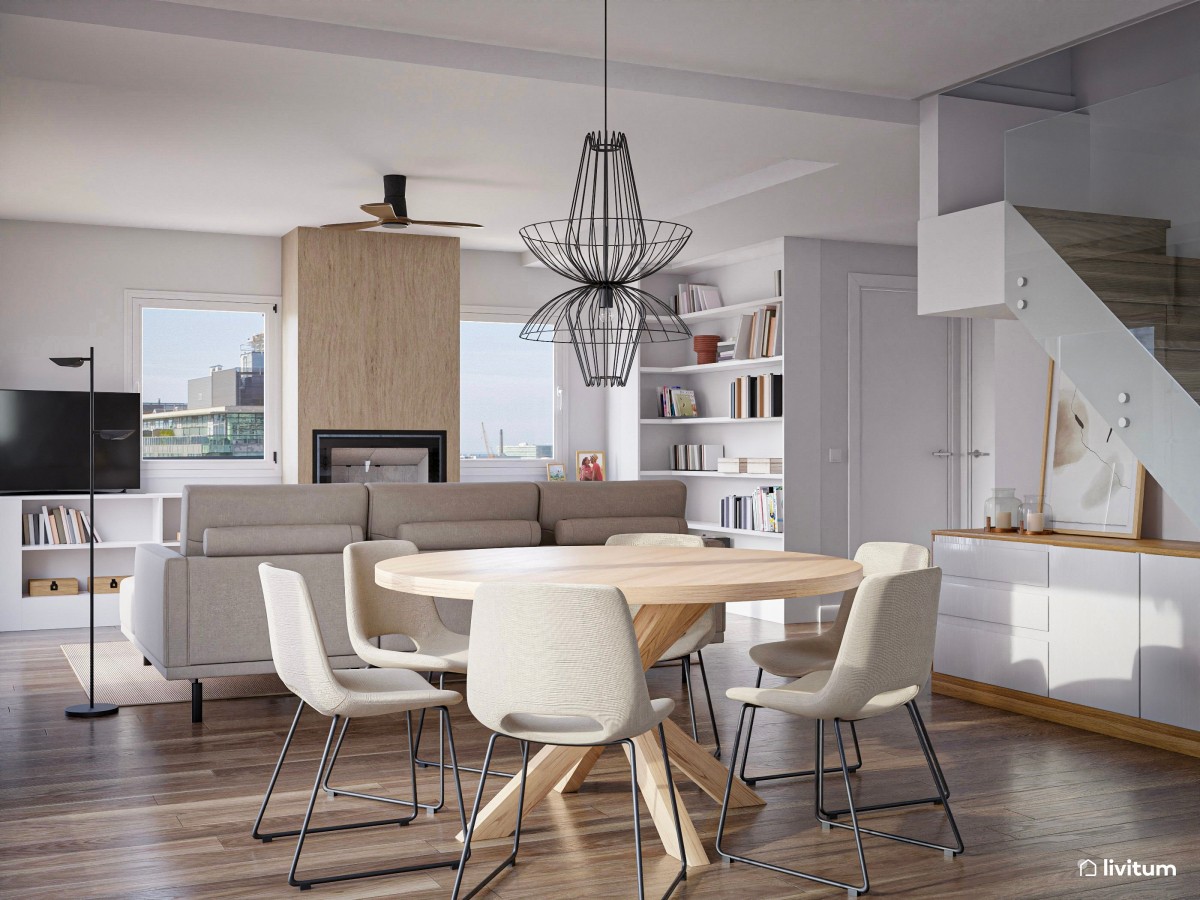 Salón comedor en colores neutros con toques naturales