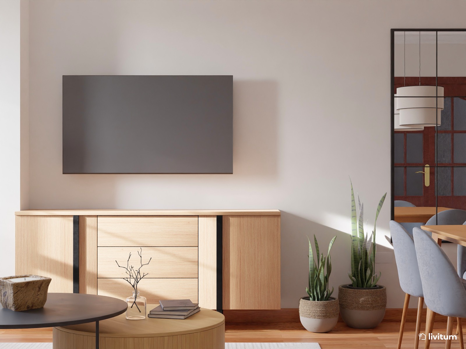 Salón comedor en gris y fibras naturales con muchos detalles 