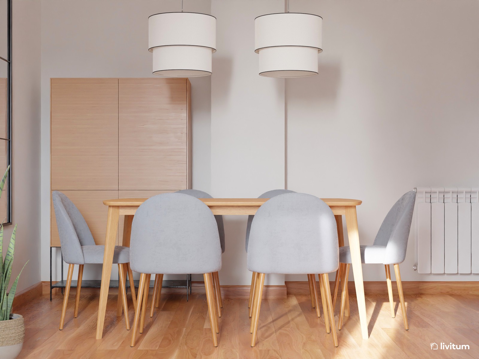 Salón comedor en gris y fibras naturales con muchos detalles 