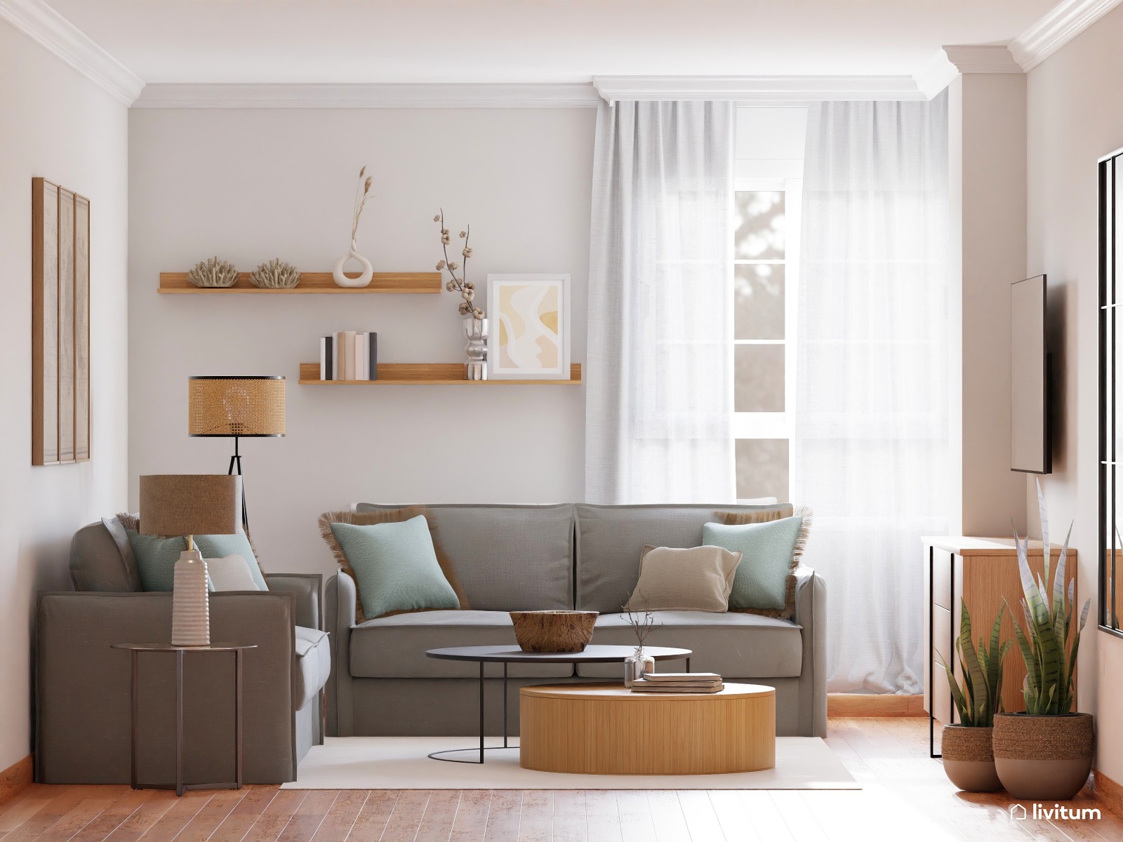 Salón comedor en gris y fibras naturales con muchos detalles 