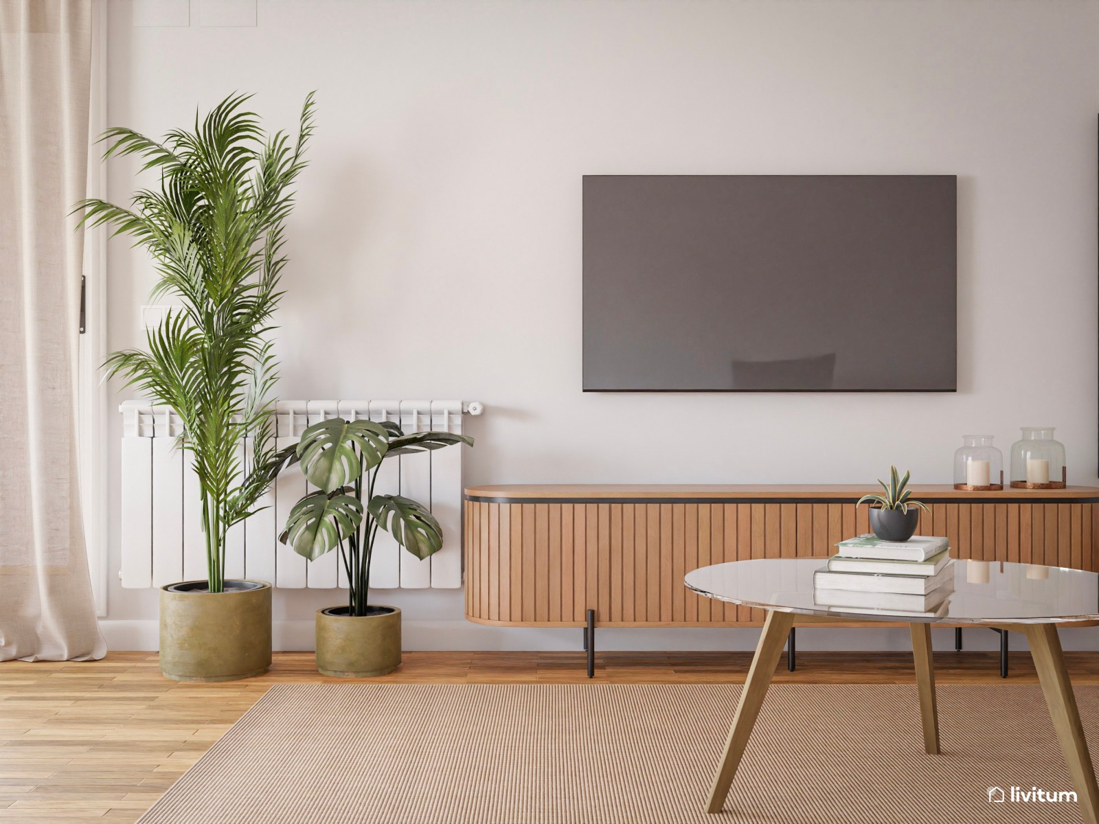 Salón comedor en madera, blanco roto y toques de colores tierra