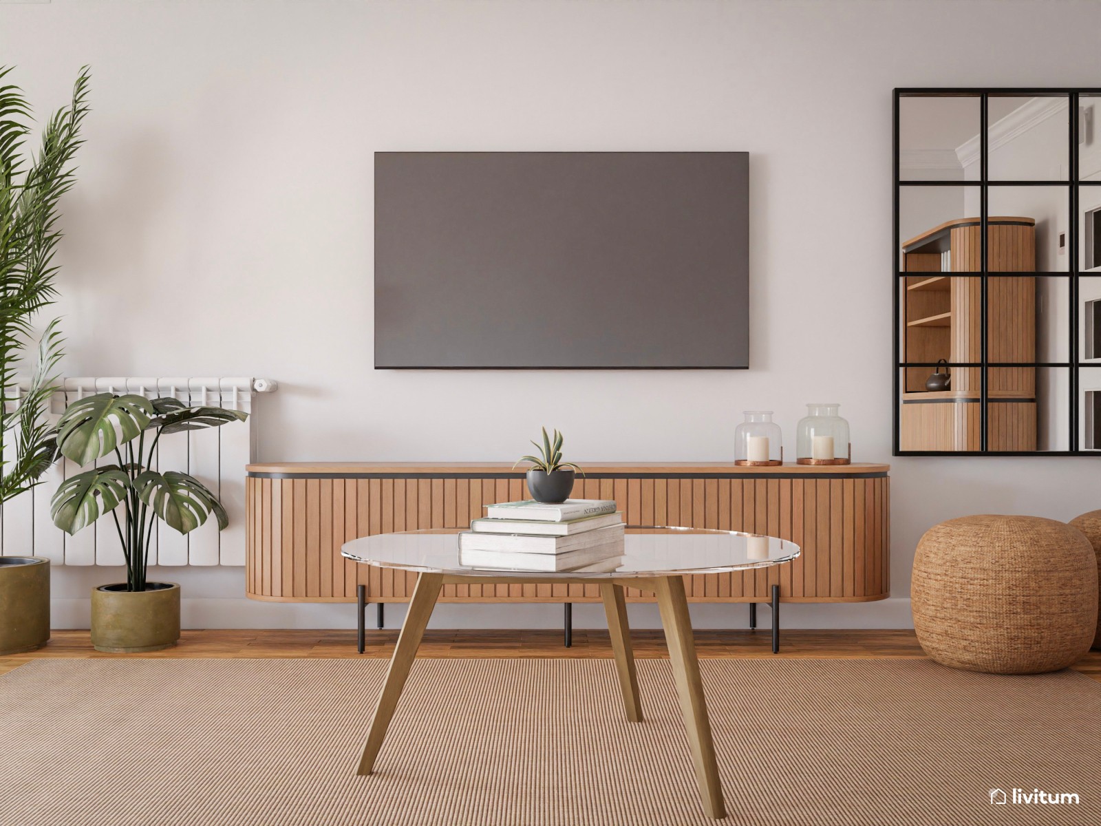 Salón comedor en madera, blanco roto y toques de colores tierra