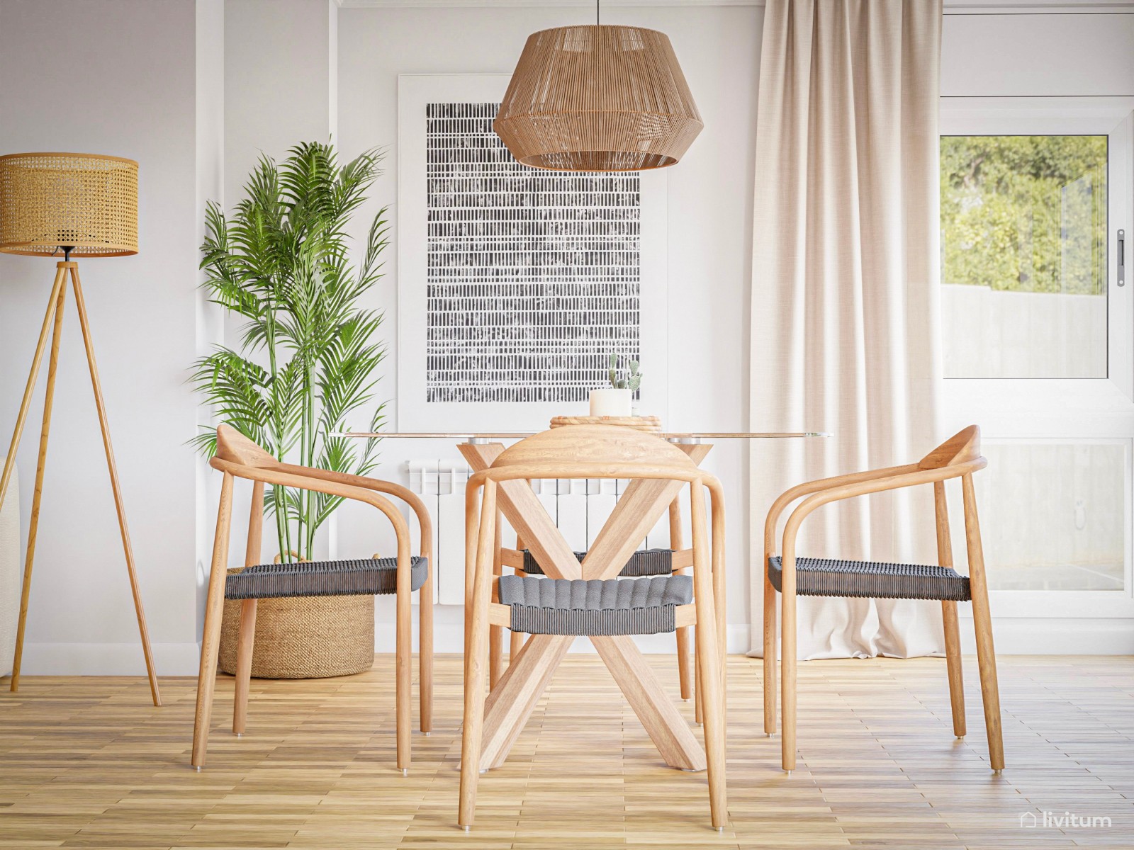 Salón comedor en madera, blanco roto y toques de colores tierra