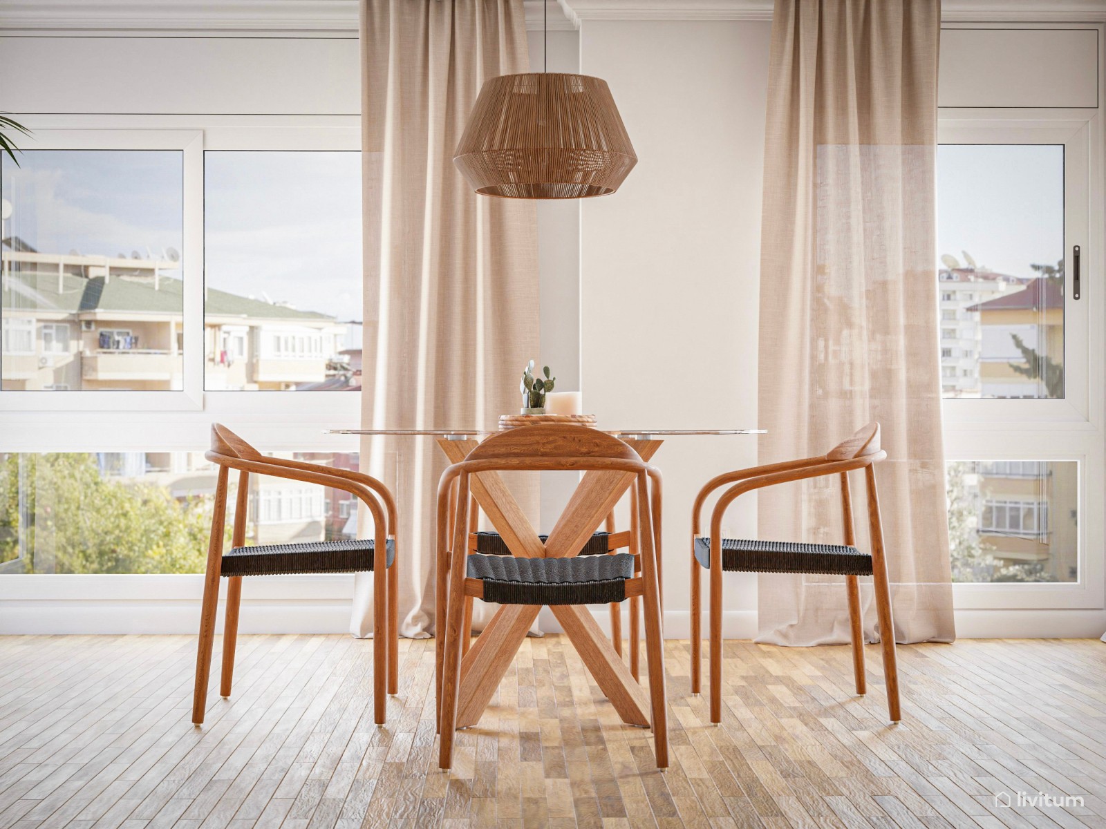 Salón comedor en madera, blanco roto y toques de colores tierra