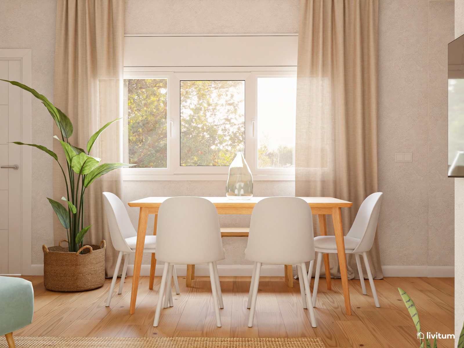 Salón comedor en madera clara con sillón cama verde agua