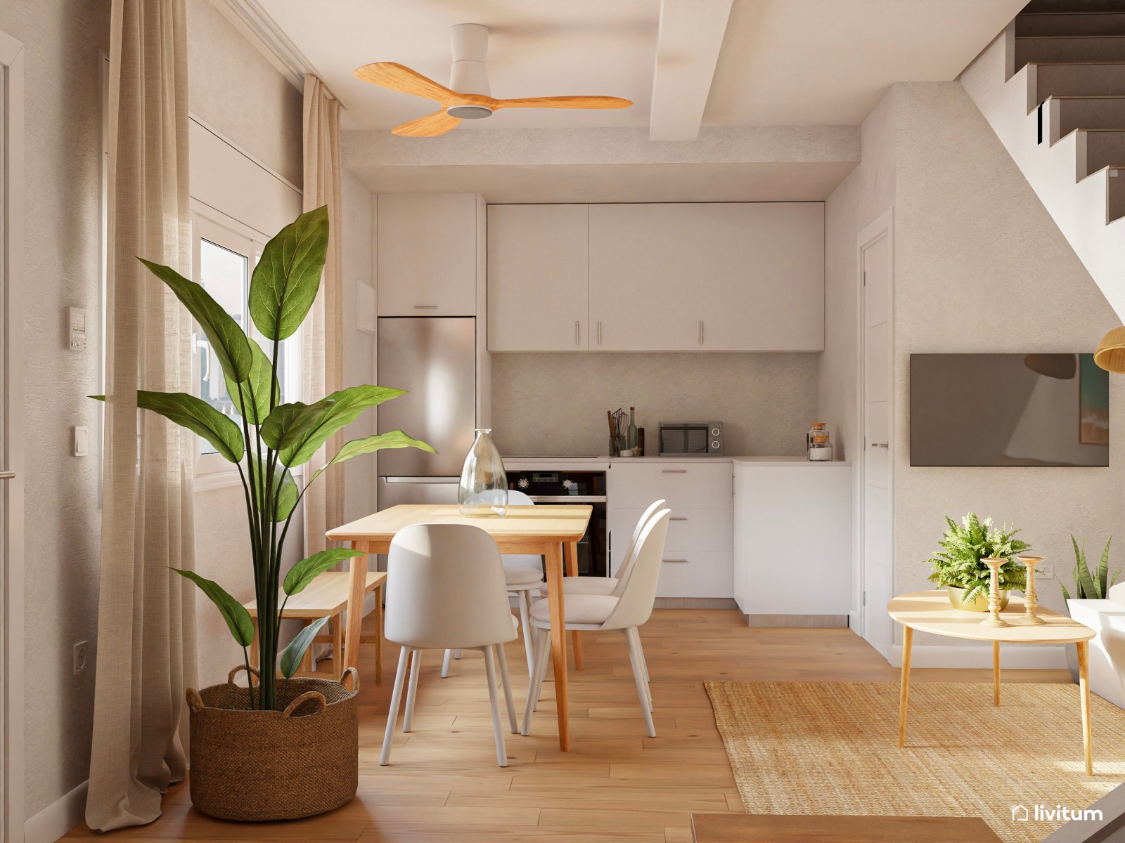 Salón comedor en madera clara con sillón cama verde agua