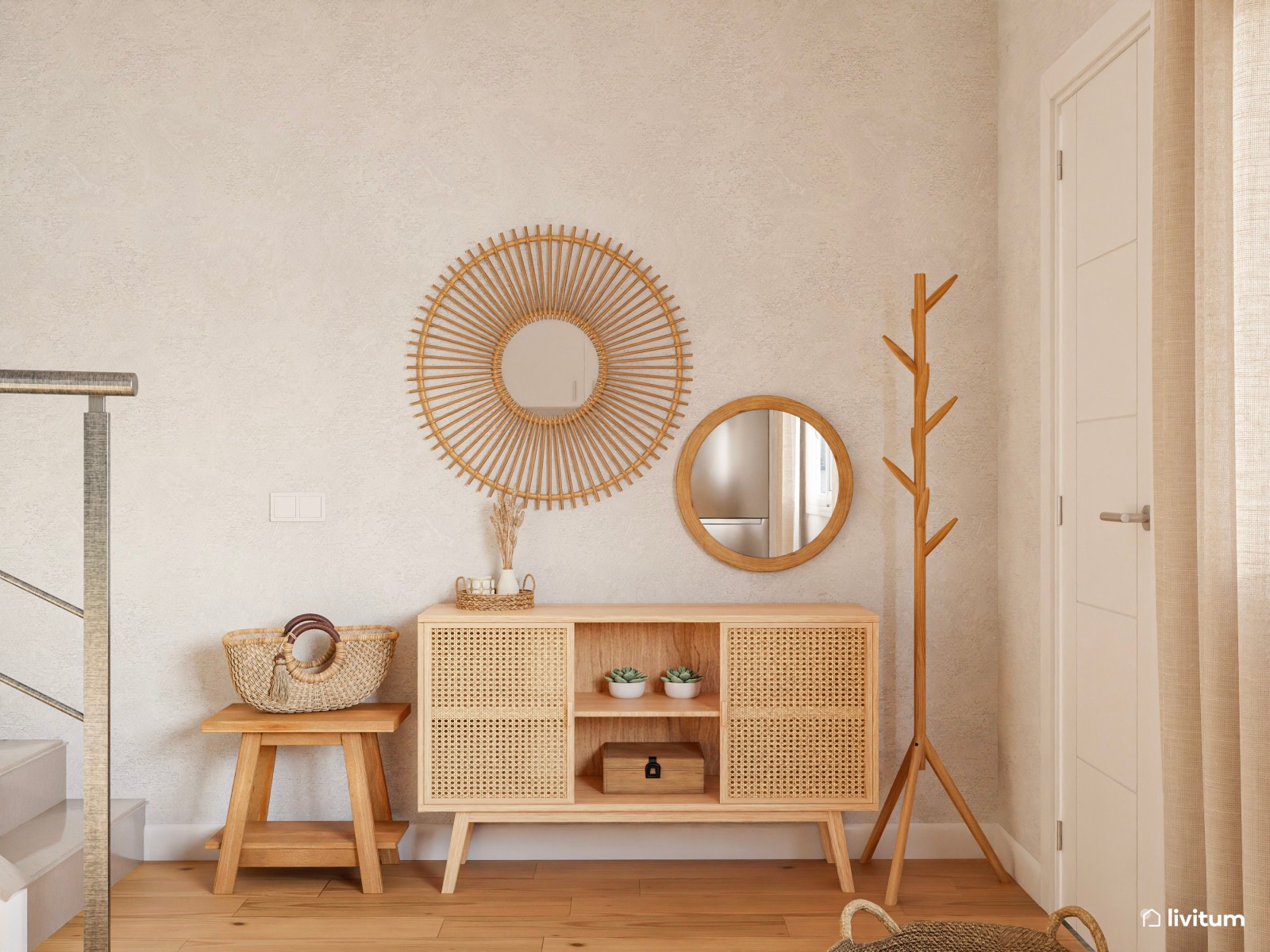 Salón comedor en madera clara con sillón cama verde agua