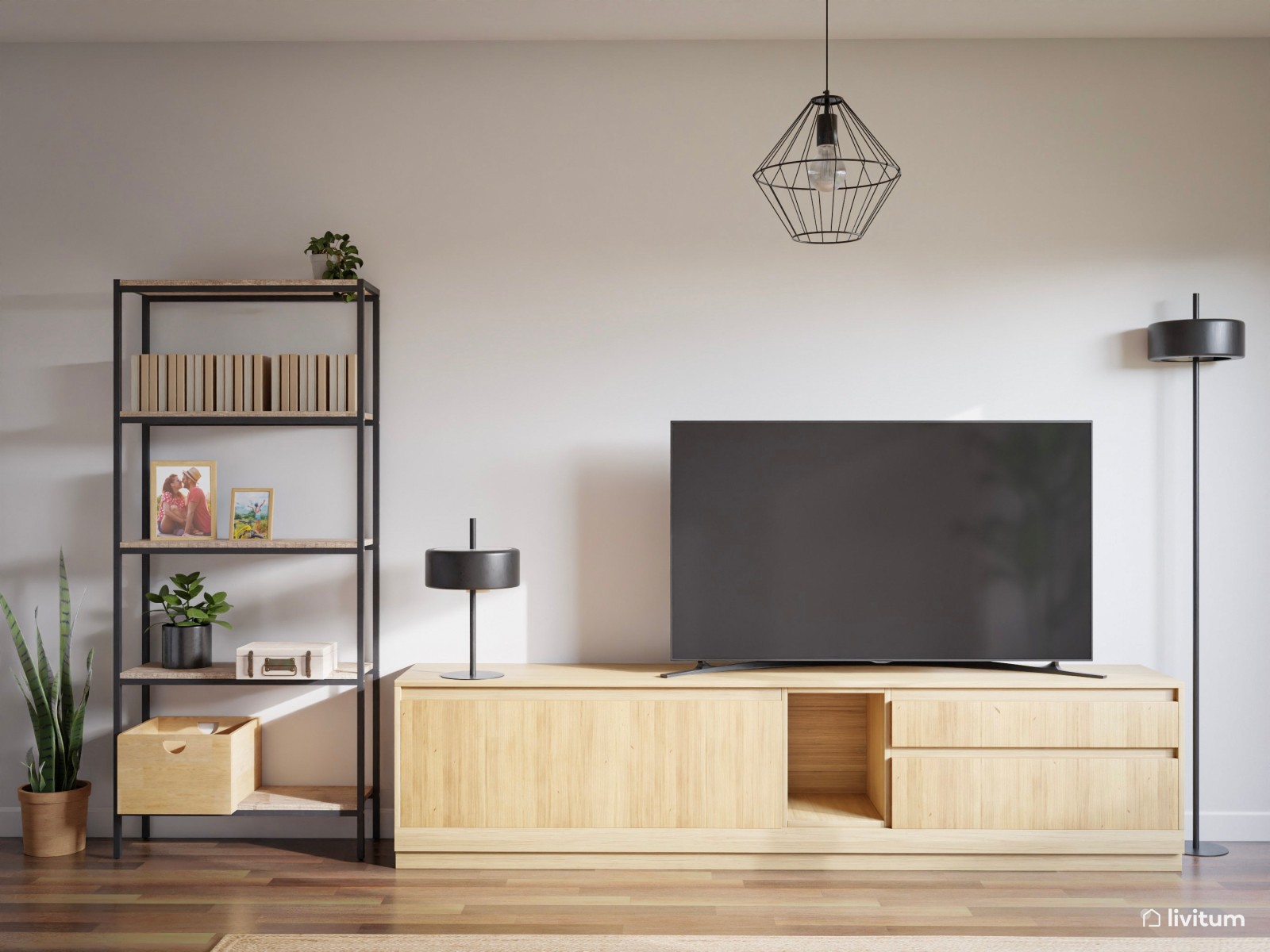 Salón comedor en madera, fibras naturales y verde 