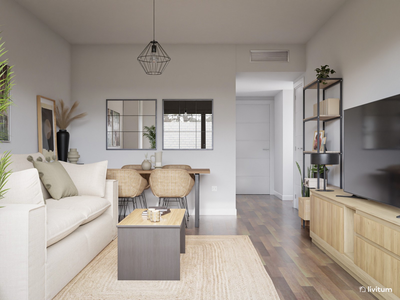 Salón comedor en madera, fibras naturales y verde 