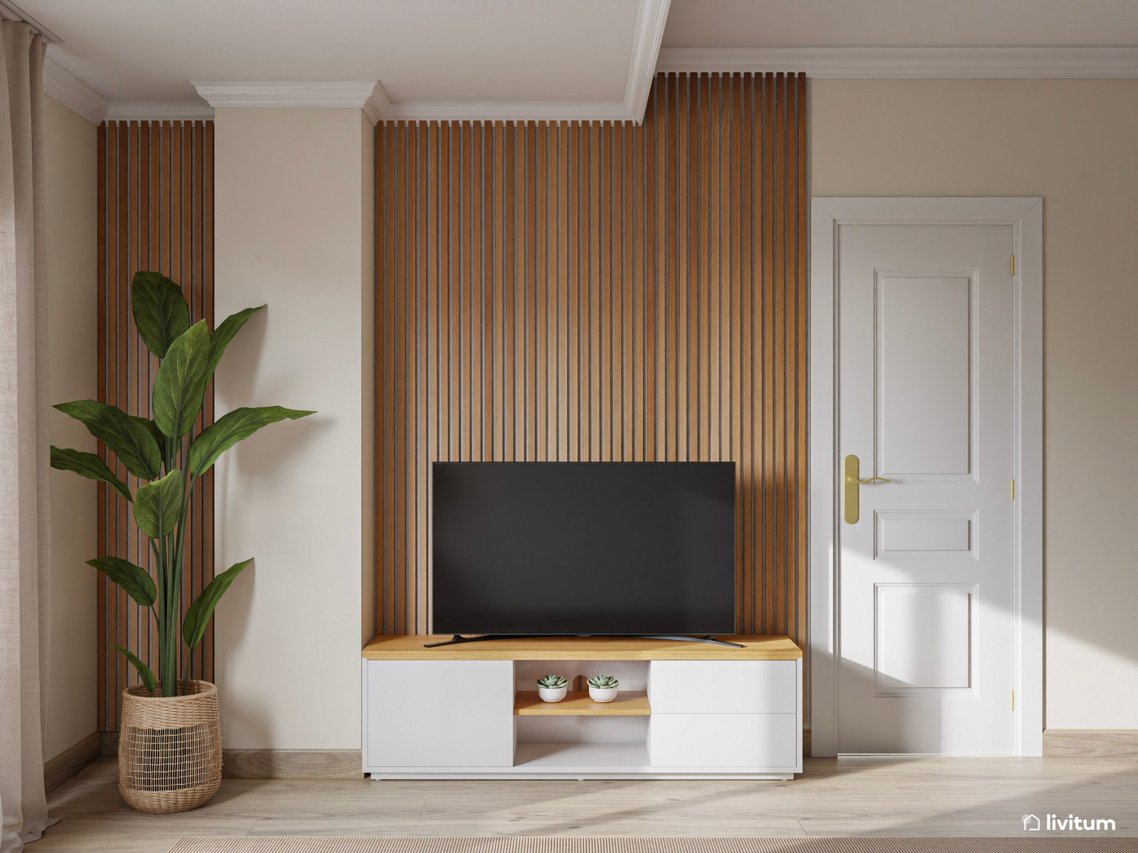 Salón comedor en madera, tonos claros y acentos celestes