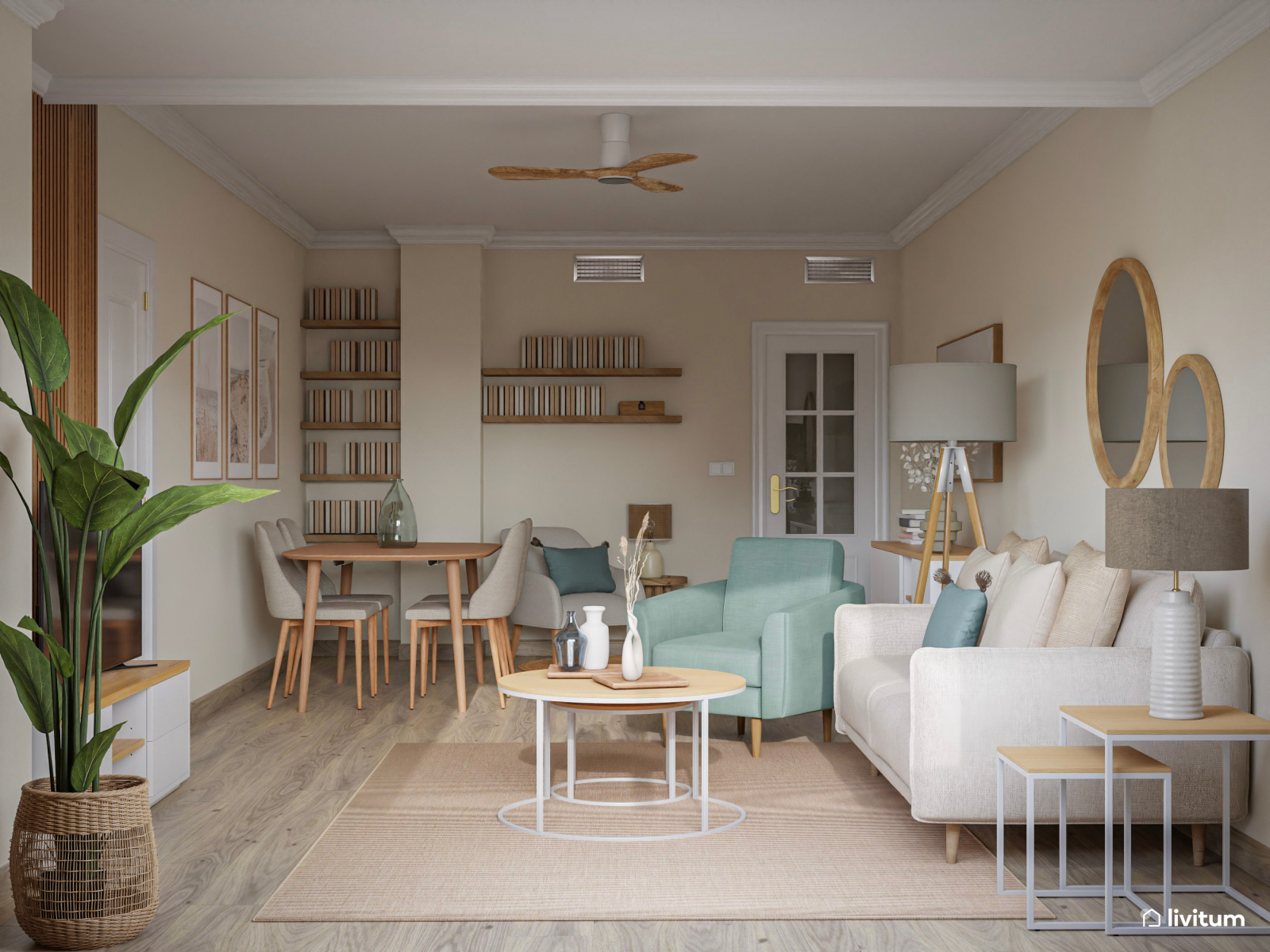 Salón comedor en madera, tonos claros y acentos celestes