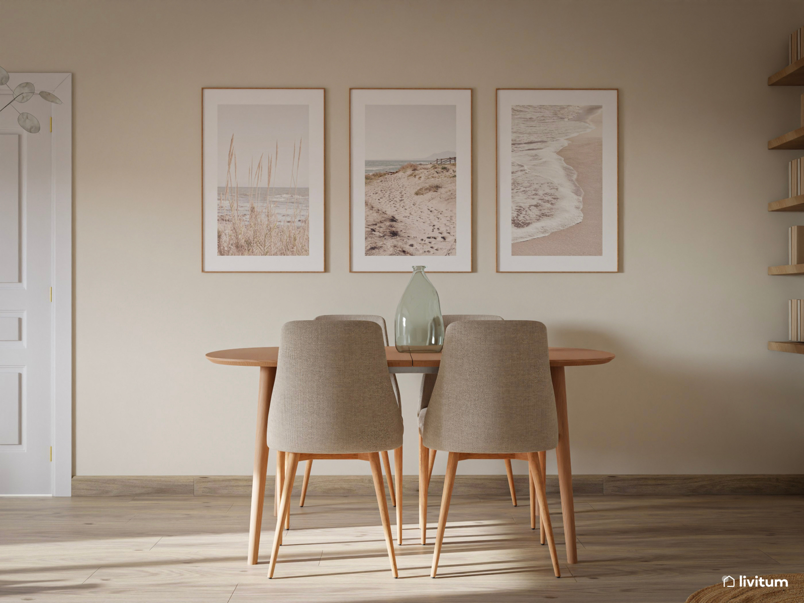 Salón comedor en madera, tonos claros y acentos celestes