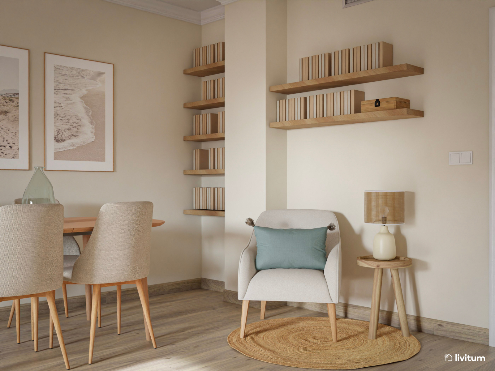 Salón comedor en madera, tonos claros y acentos celestes