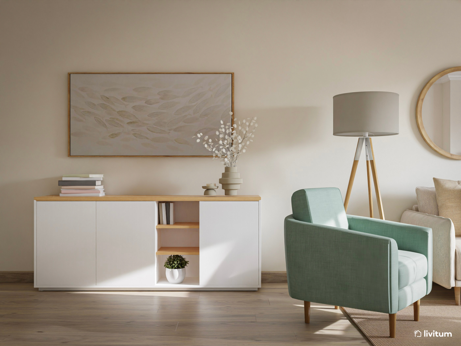 Salón comedor en madera, tonos claros y acentos celestes