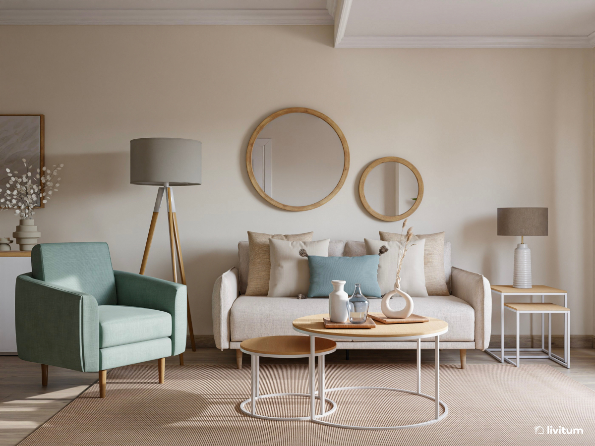 Salón comedor en madera, tonos claros y acentos celestes