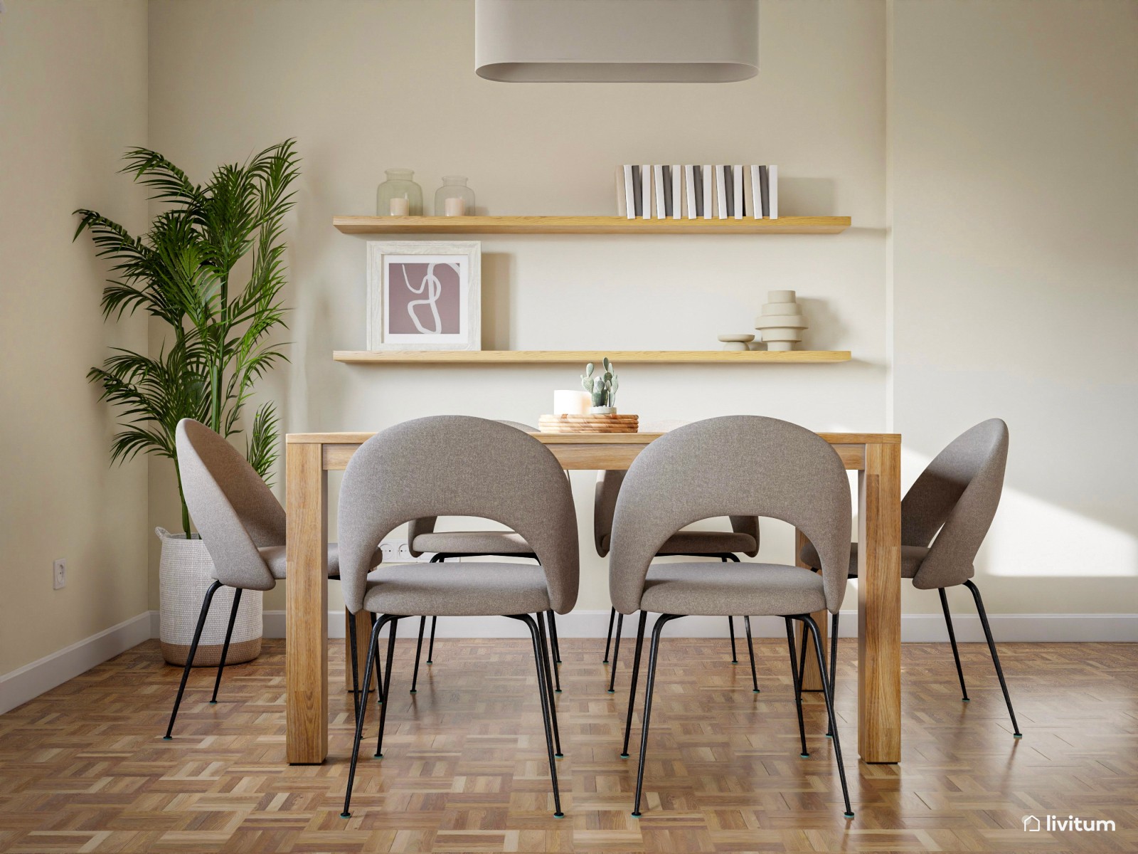 Salón comedor en tonos beige, grises y detalles en madera