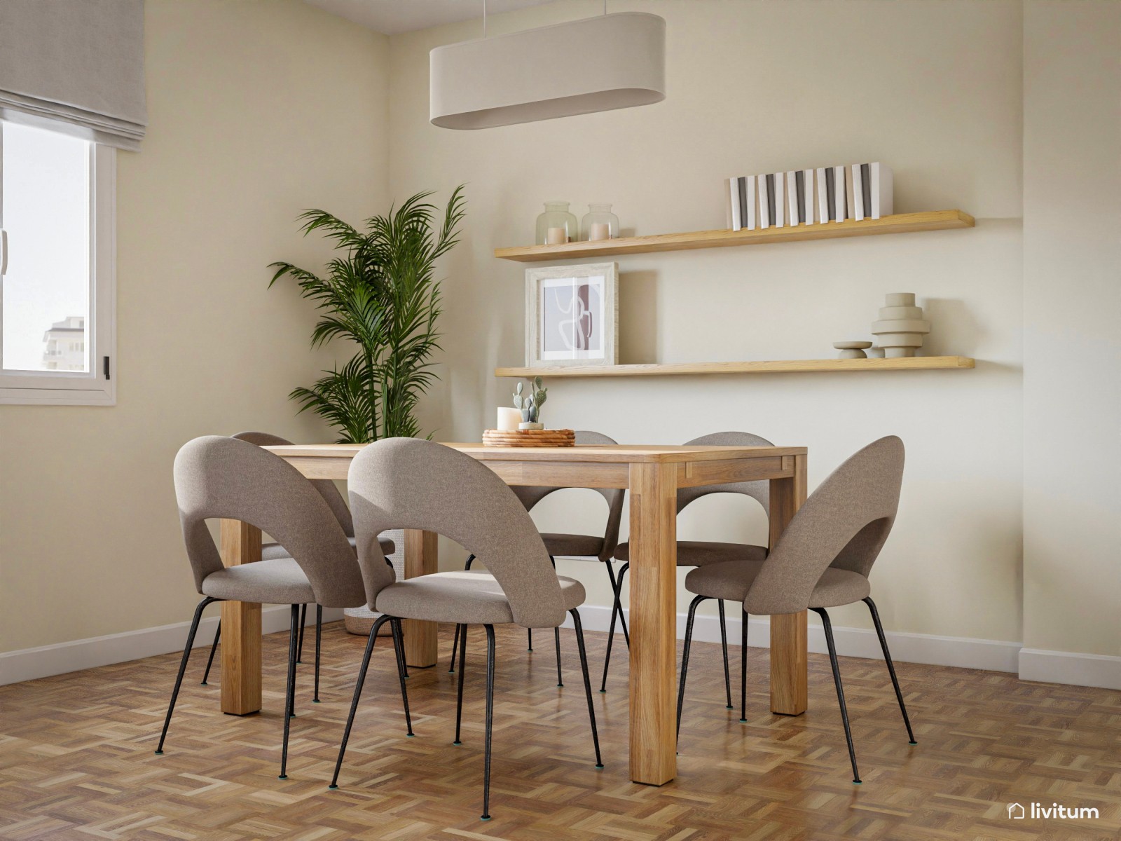 Salón comedor en tonos beige, grises y detalles en madera