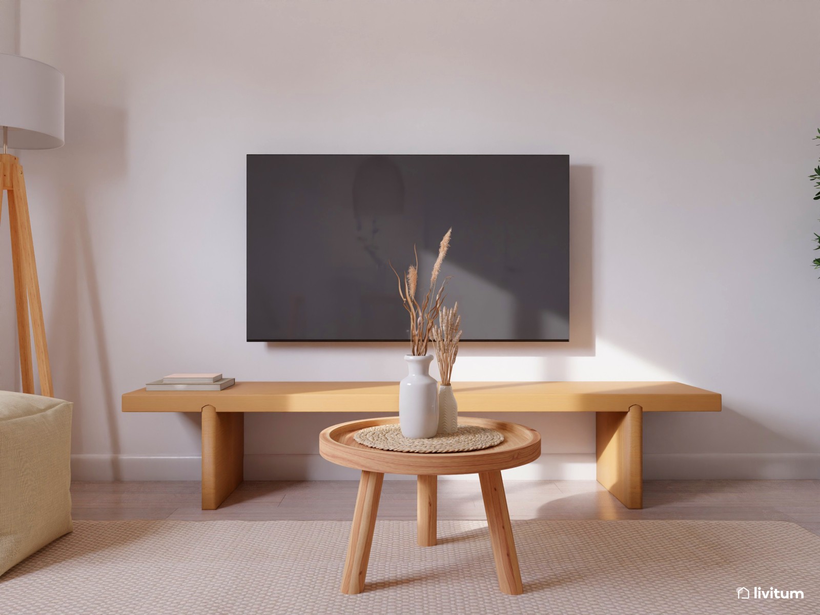 Salón comedor en tonos crudos y madera 