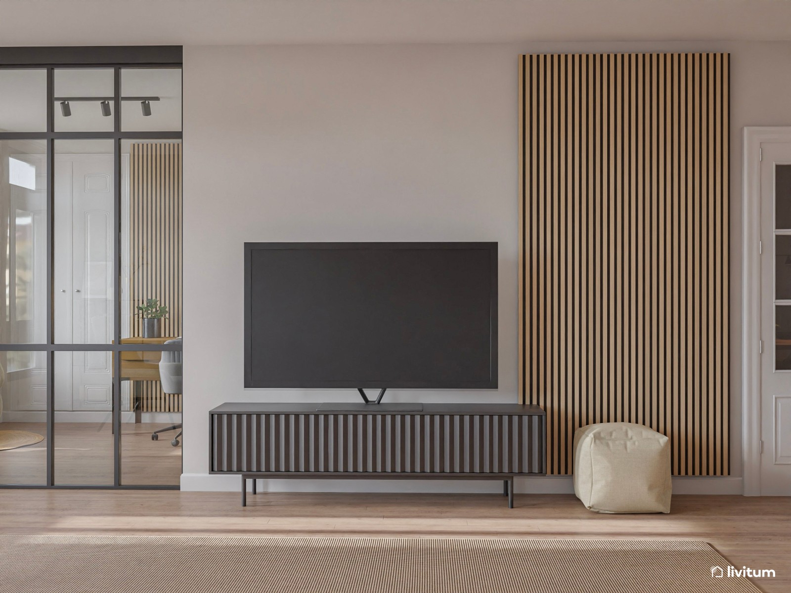 Salón comedor en tonos neutros con gran obra de arte