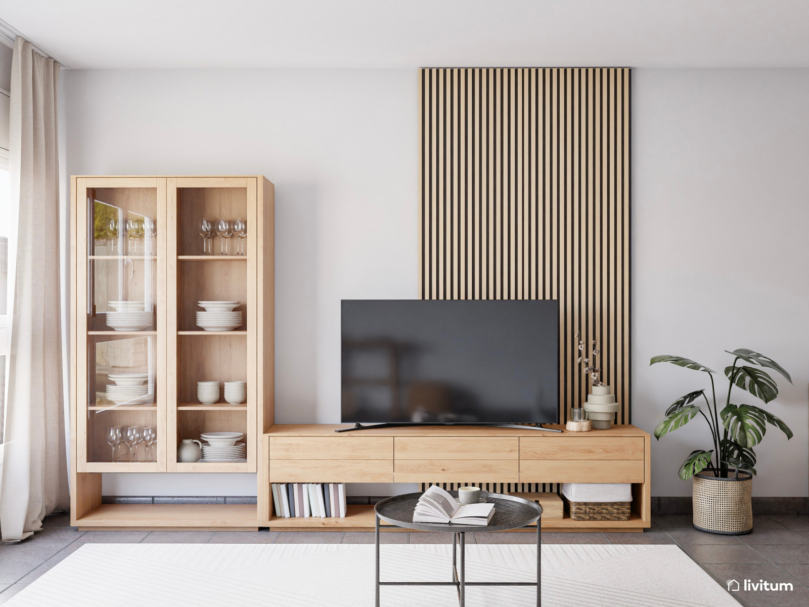 Salón comedor encantador con pared de acento en piedra beige