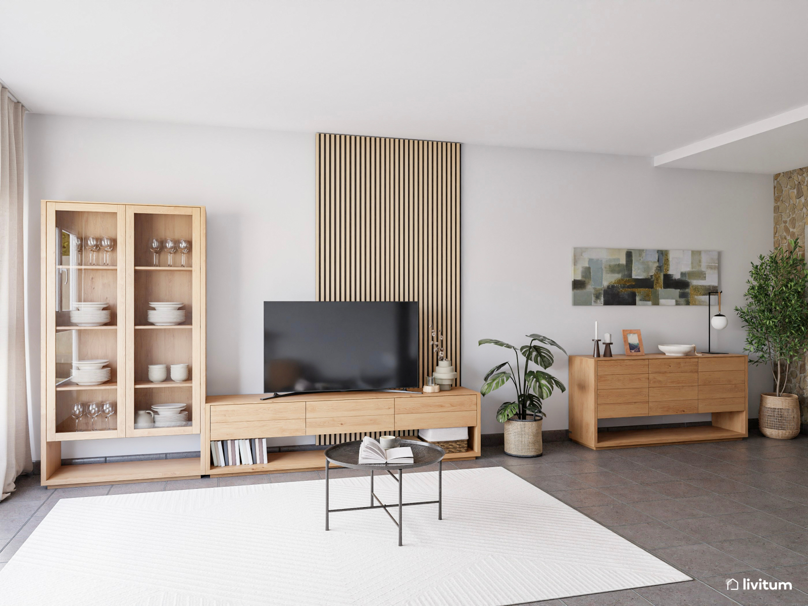 Salón comedor encantador con pared de acento en piedra beige