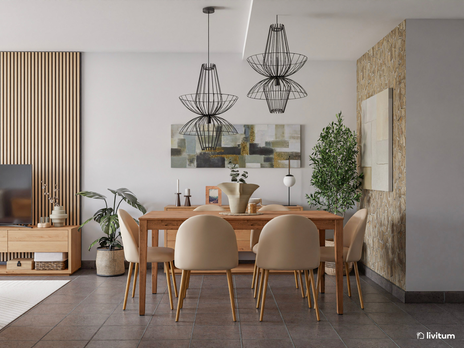 Salón comedor encantador con pared de acento en piedra beige