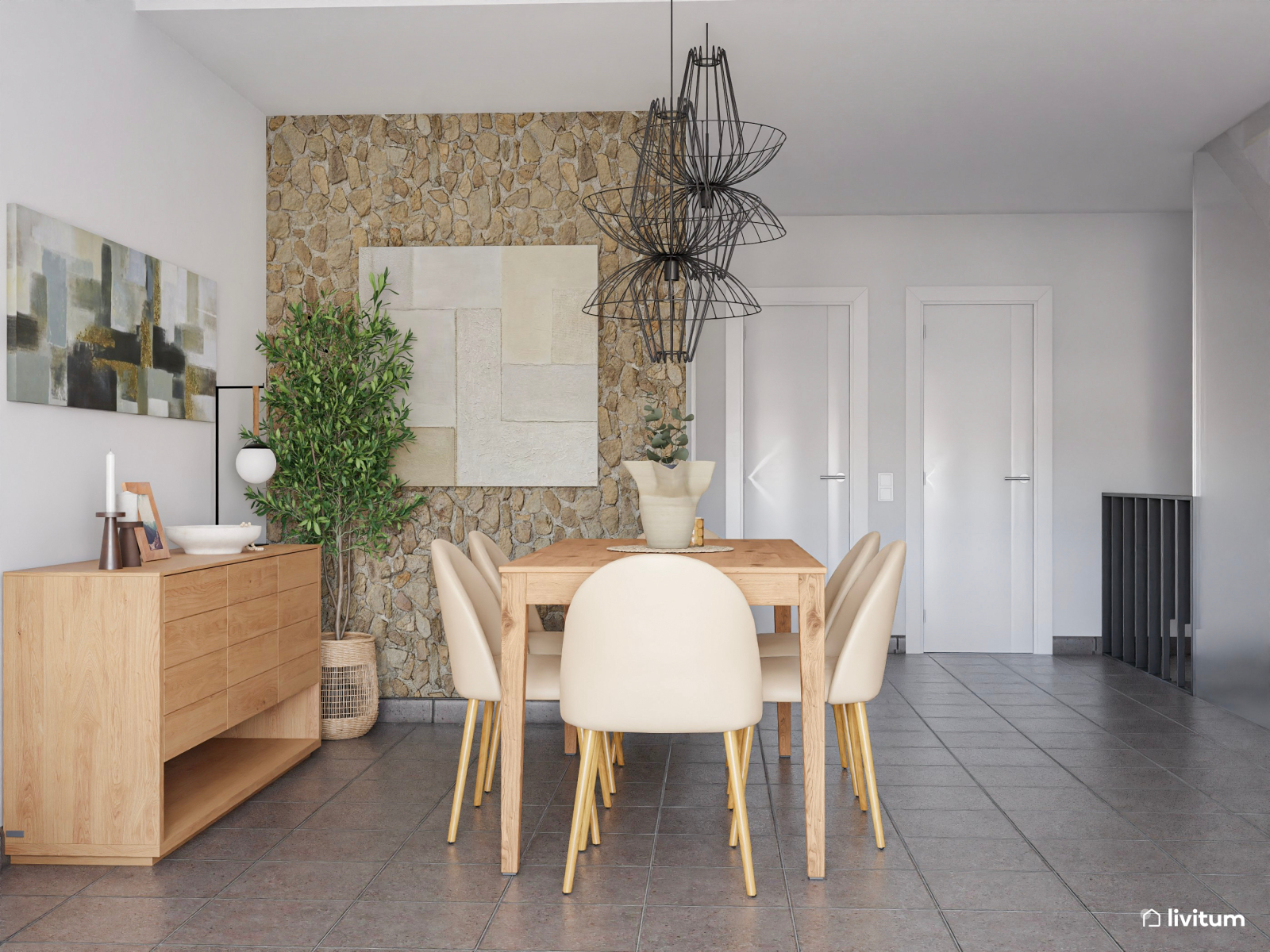 Salón comedor encantador con pared de acento en piedra beige