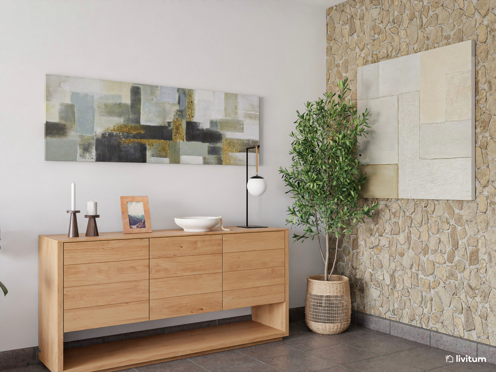 Salón comedor encantador con pared de acento en piedra beige