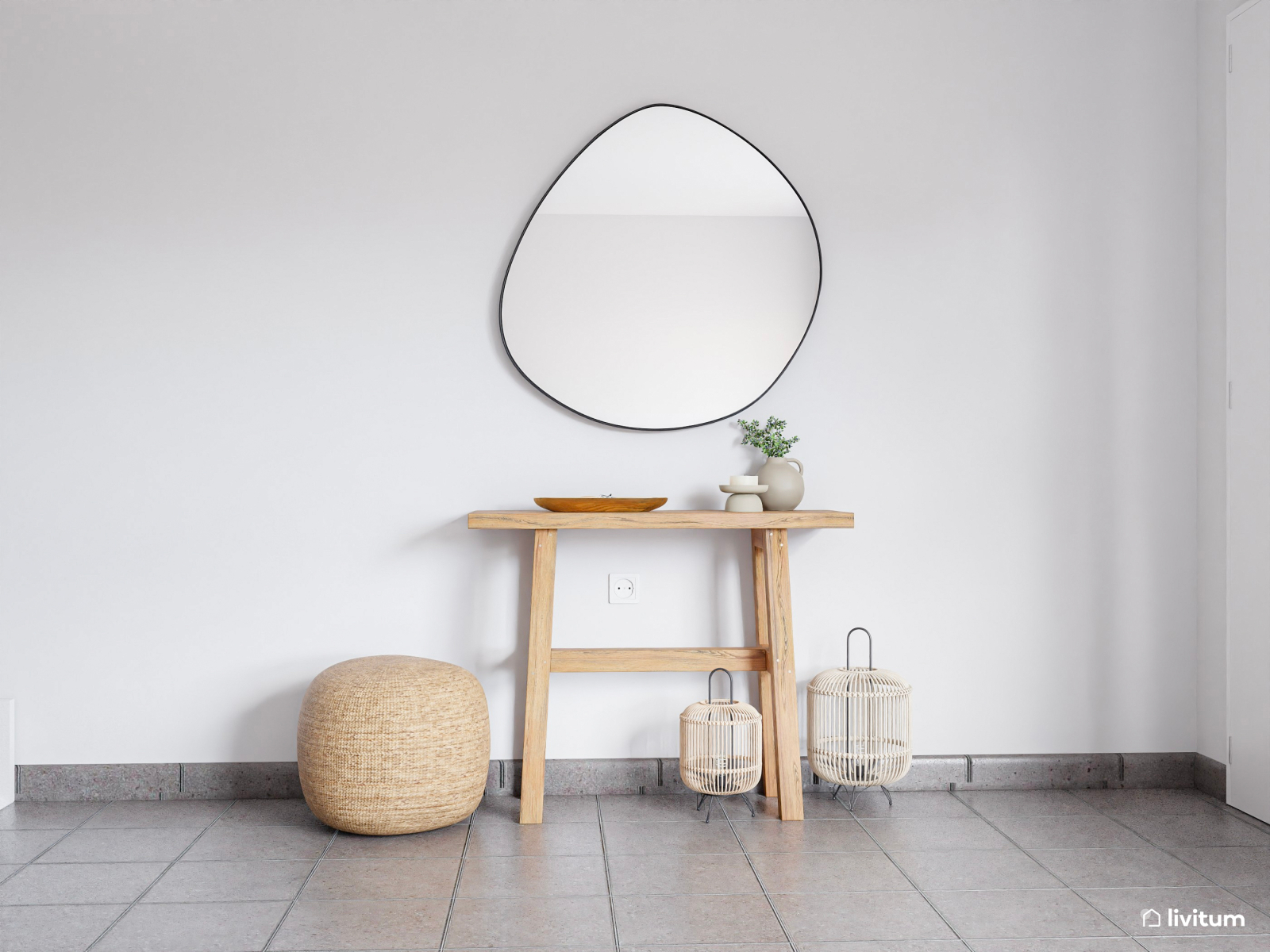 Salón comedor encantador con pared de acento en piedra beige